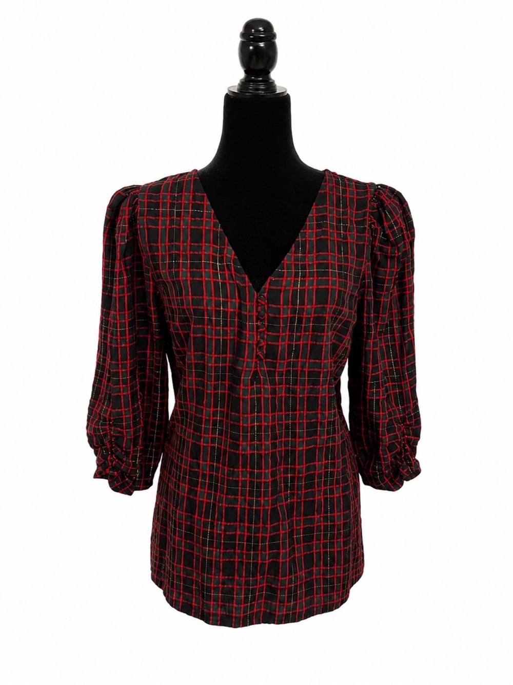 LOFT Black and Red Plaid V-Neck Blouse Never worn size large